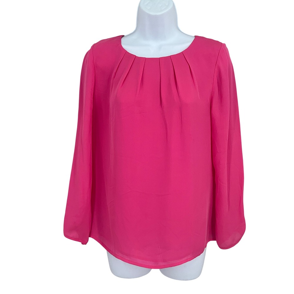 J.Crew Blouse Womens 4 Pink 100% Silk Pleated Neck Luxury Office Airy Vibrant